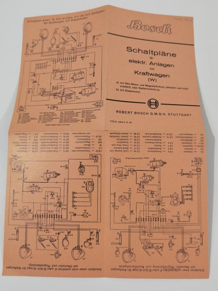 Bosch Schaltpläne für elekt Anlagen von Kraftwagen Aufgefaltet DI