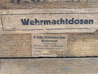 Transportkasten aus Holz "Wehrmachtdosen" 24 Dosen Blutwurst zu 850 Gramm.  Maße 287 x 33 x 46cm