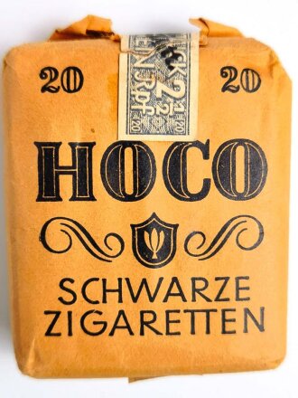 Pack "Hoco" Zigaretten, ungeöffnet, Steuerbanderole mit Hakenkreuz, dieses geschwärzt