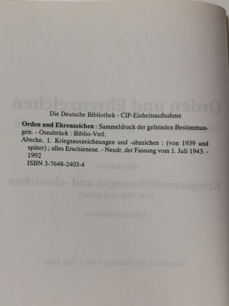 Sammeldruck "Merkblatt 15/5 - Orden und Ehrenzeichen Abschnitt I Neudruck von 1.Juli 1943", 295   Seiten, über DIN A5, gebraucht