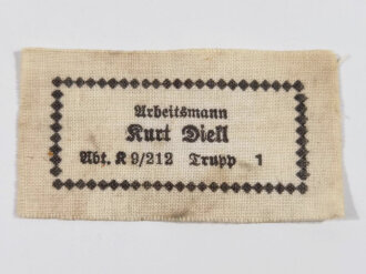 Reichsarbeitsdienst Namensetikett "Arbeitsmann Dietl Abt. K9/212 Trupp 1" 35 x 60mm