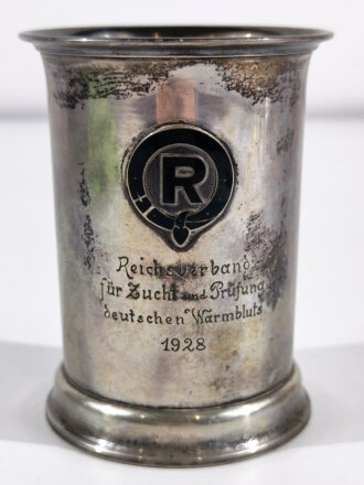 Erinnerungsbecher vom Reichsverband für Zucht und Prüfung deutschen Warmbluts 1928, sehr guter Zustand, 800er Silber, Höhe 10,5cm