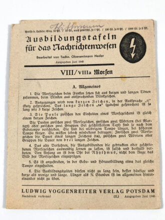 Ausbildungstafeln für das Nachrichtenwesen " VIII/ VIIIa Morsen"