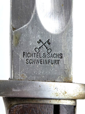 1.Weltkrieg Bayern, Seitengewehr Modell 98/05 neuer  Art mit Feuerschutzblech, Herstellermarke Fichtel&Sachs Schweinfurt, bayrischer Abnahmestempel auf Klingenrücken, L 16