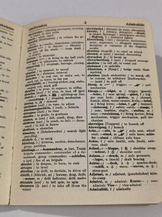 Franckhs Militär-Wörterbuch "Englisch/Deutsch - Deutsch/Englisch für Werhmacht und Wehrtechnik" Band 1, datiert 1937, ca. 300 Seiten, DIN A5