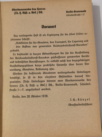 Oberkommando des Heeres "Richtlinien über Austattung der genormten Reicharbeitsdienst-Baracken mit Geräten und technischen Ausrüstungen, datiert 1939, 240 Seiten, ca. DIN A6