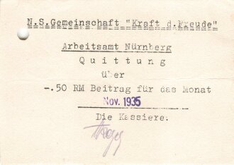 N.S. Gemscheinschaft Kraft durch Freude Arbeitsamt Nürnberg, Quittung über 50RM, datiert 1935