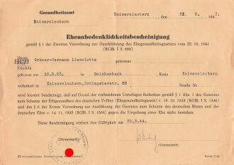 "Eheunbedenklichkeitsbescheinigung" Gesundheitsamt Kaiserslautern, datiert 1943, DIN A5