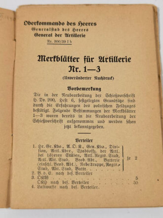 "Merkblätter für Artillerie" datiert 1940