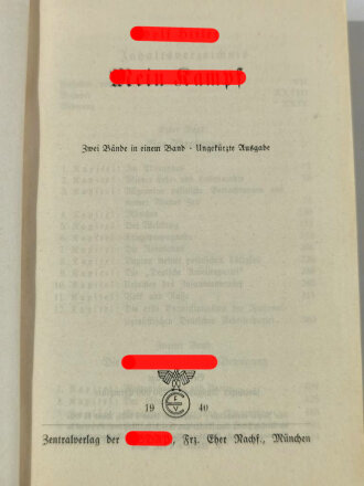 Adolf Hitler "Mein Kampf" kleine, rote " Tornisterausgabe" von 1940 mit Widmung