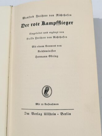 Richthofen "Der Rote Kampfflieger", datiert 1933, 262 Seiten, gebraucht, aus Raucherhaushalt