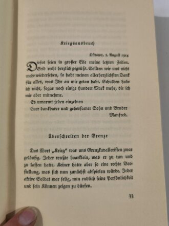 Richthofen "Der Rote Kampfflieger", datiert 1933, 262 Seiten, gebraucht, aus Raucherhaushalt