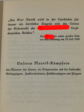 "Narvik. Vom Heldenkampf deutscher Zerstörer", datiert 1940, 408 Seiten, gebraucht, DIN A5, aus Raucherhaushalt