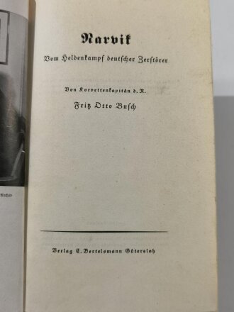 "Narvik. Vom Heldenkampf deutscher Zerstörer", datiert 1940, 408 Seiten, gebraucht, DIN A5, aus Raucherhaushalt