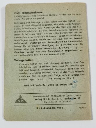 Luftschutz, kleines Heft "Mein Eigentum, Inventar-Verzeichnis für den Notfall, Ausgabe B für 3- bis 6-Zimmer-Wohungen", datiert 1944, 32 Seiten, gebraucht, DIN A6