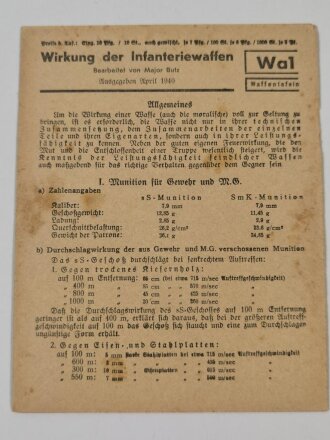 Waffentafel Wa 1 "Wirkung der Infanteriewaffen" von 1940