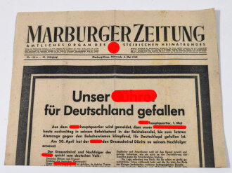 Marburger Zeitung Wandanschlag, Amtliches Organ des steirischen Heimatbundes, Nr. 122/a vom 2. Mai 1945, "Unser Führer für Deutschland gefallen"