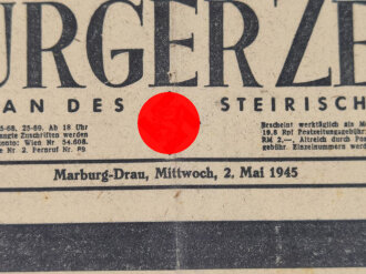 Marburger Zeitung Wandanschlag, Amtliches Organ des steirischen Heimatbundes, Nr. 122/a vom 2. Mai 1945, "Unser Führer für Deutschland gefallen"