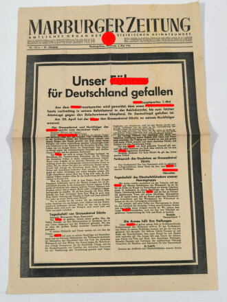 Marburger Zeitung Wandanschlag, Amtliches Organ des steirischen Heimatbundes, Nr. 122/a vom 2. Mai 1945, "Unser Führer für Deutschland gefallen"