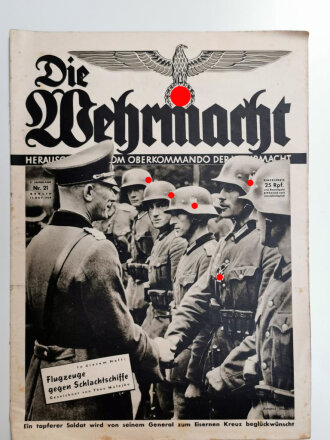 Die Wehrmacht "Ein tapferer Soldat wird von seinem General zum Eisernen Kreuz beglückwünscht", Heft Nr. 21, 11. Okt. 1939, Deckblatt rückseitig beschädigt