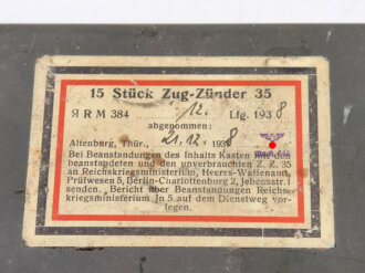 Transportkasten "15 Stück Zug-Zünder 35" datiert 1938