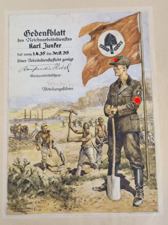 Großformatiges Gedenkblatt Reichsarbeitsdienst. Die Kanten abgeschnitten und auf Passepartout aufgeklebt. Maße Gesamt 39 x 49cm