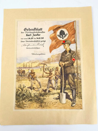 Großformatiges Gedenkblatt Reichsarbeitsdienst. Die Kanten abgeschnitten und auf Passepartout aufgeklebt. Maße Gesamt 39 x 49cm