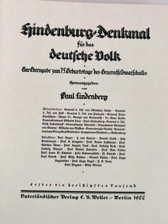 "Hindenburg Denkmal für das deutsche Volk" Vaterländischer Verlag, 1925 mit 434 Seiten