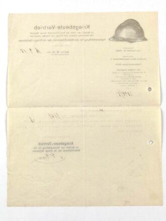 Kriegsbeute Vertrieb "Auftragsbestätigung für einen bestellten französischen Helm des Kreigsbeute Vertriebs", datiert 1918, über DIN A4, gefaltet und gelocht