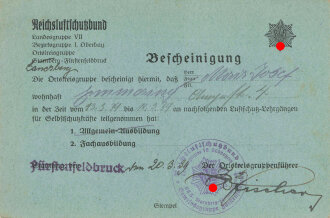 Reichsluftschutzbund Landesgruppe Südbayern "Bescheinigung über Teilnahme der Fachausbildung", datiert 1939