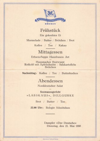 Urlaubsfahrten zur See 1935 der NS. Gemeinschaft Kraft durch Freude, "Menükarte vom 21. Mai 1935" Dampfer Der Deutsche