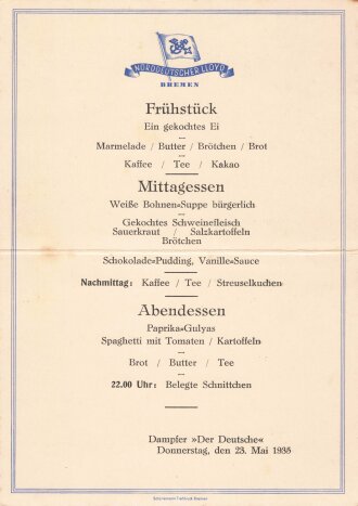 Urlaubsfahrten zur See 1935 der NS. Gemeinschaft Kraft durch Freude, "Menükarte vom 23. Mai 1935" Dampfer Der Deutsche