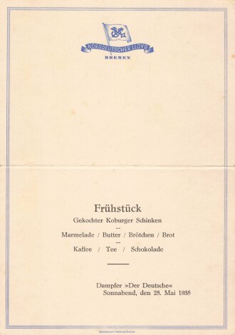 Urlaubsfahrten zur See 1935 der NS. Gemeinschaft Kraft durch Freude, "Frühstückskarte vom 25. Mai 1935" Dampfer Der Deutsche