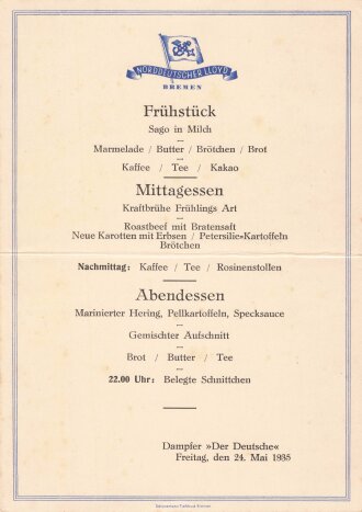 Urlaubsfahrten zur See 1935 der NS. Gemeinschaft Kraft durch Freude, "Menükarte vom 24. Mai 1935" Dampfer Der Deutsche