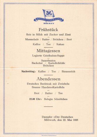 Urlaubsfahrten zur See 1935 der NS. Gemeinschaft Kraft durch Freude, "Menükarte vom 22. Mai 1935" Dampfer Der Deutsche