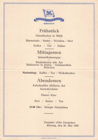 Urlaubsfahrten zur See 1935 der NS. Gemeinschaft Kraft durch Freude, "Menükarte vom 20. Mai 1935" Dampfer Der Deutsche