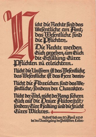 "Rudolf Heß am 20. April 1938 bei der Vereidigung der Politischen Leiter" ähnlich Wochenspruch der NSDAP