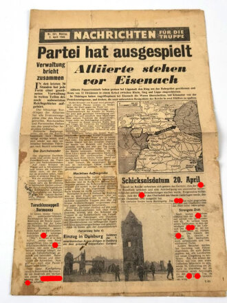 Alliiertes Flugblatt "Nachrichten für die Truppe - Kein Halt im Westen" stark gebraucht, Nr. 349, 31. März 1945