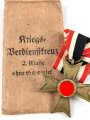 Kriegsverdienstkreuz 2. Klasse 1939 ohne Schwerter mit Hersteller 41 im Bandring für " Gebrüder Bender, Oberstein " mit passender Verleihungstüte, diese seitlich eingerissen, sonst guter Zustand