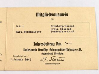 Volksbund Deutsche Kriegsgräberfürsorge e.V., Gauverband Oberrhein, Mitgliedsausweis, ausgestellt 1943