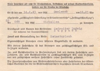 "Kriegsurlaubschein" eines Angehörigen der Dienststelle 20 730 D, und kleiner Wehrmachtsfahrschein Teil 2, datiert 1943