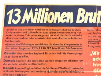 Die Parole der Woche, Wandzeitung "13 Millionen Bruttoregistertonnen" Folge 39 vom 24. September 1941, stark gebraucht und gefaltet, Maße 83x120 cm