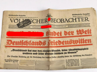 Völkischer Beobachter, Süddeutsche Ausgabe, 18. Mai 1933, "Adolf Hitler kündet der Welt Deutschlands Friedenswillen"