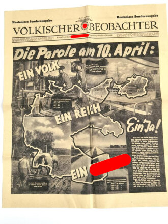 Völkischer Beobachter, kostenlose Sonderausgabe, "Die Parole am 10. April:" 1938