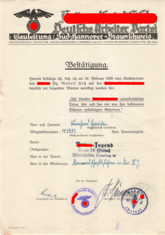 Hitlerjugend Vereidigungsurkunde für einen Angehörigen des  HJ Bann 79 (Peine), 1934, DIN A4, guter Zustand