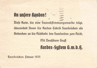 Saarabstimmung 1935 " Ein Kardexgruß von der...