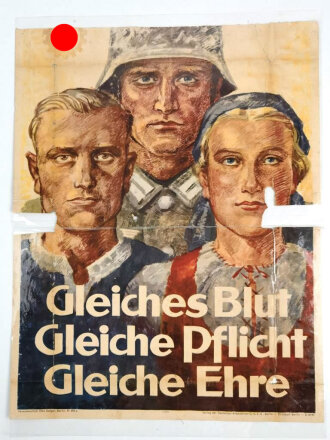 Deutsche Arbeitsfront, farbiges Plakat "Gleiches Blut, Gleiche Pflicht, Gleiche Ehre" Defekt, unschlau einlaminiert, Maße 42,5 x 54cm