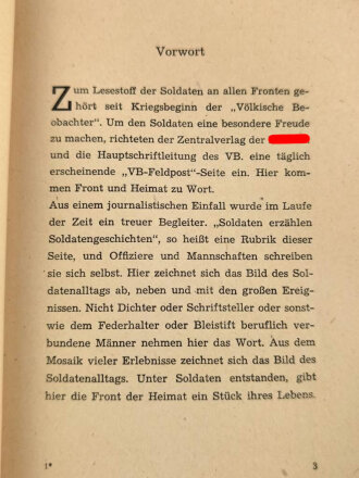 VB-Feldpost 2. Folge, "Im Angriff und im Biwak"- Soldaten erzählen Soldatengeschichten, 95 Seiten, 1943 datiert, gebraucht