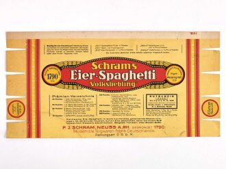 Verpackung " Schram´s Eier Spaghetti Volksliebling" Maße 14,5 x 29,5cm, unbenutztes Firmenmuster, leicht beschädigt