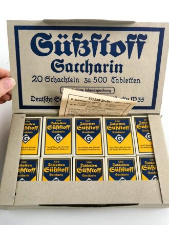 Kompletter Karton mit 20 Schachteln "500 Tabletten Süßstoff Saccarin"  Sehr guter Zustand